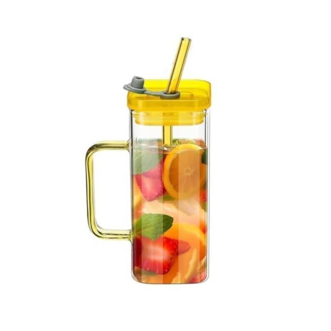 New Project(1539) Glass Mug with Straw 400ml Yellow